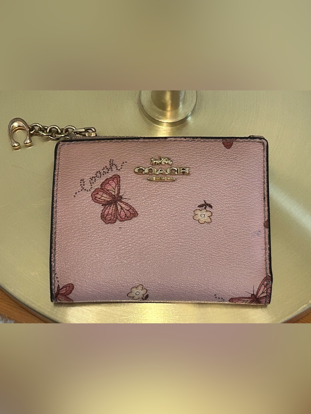 Coach Metallic Pink Butterfly Print Small Snap Wallet Leather